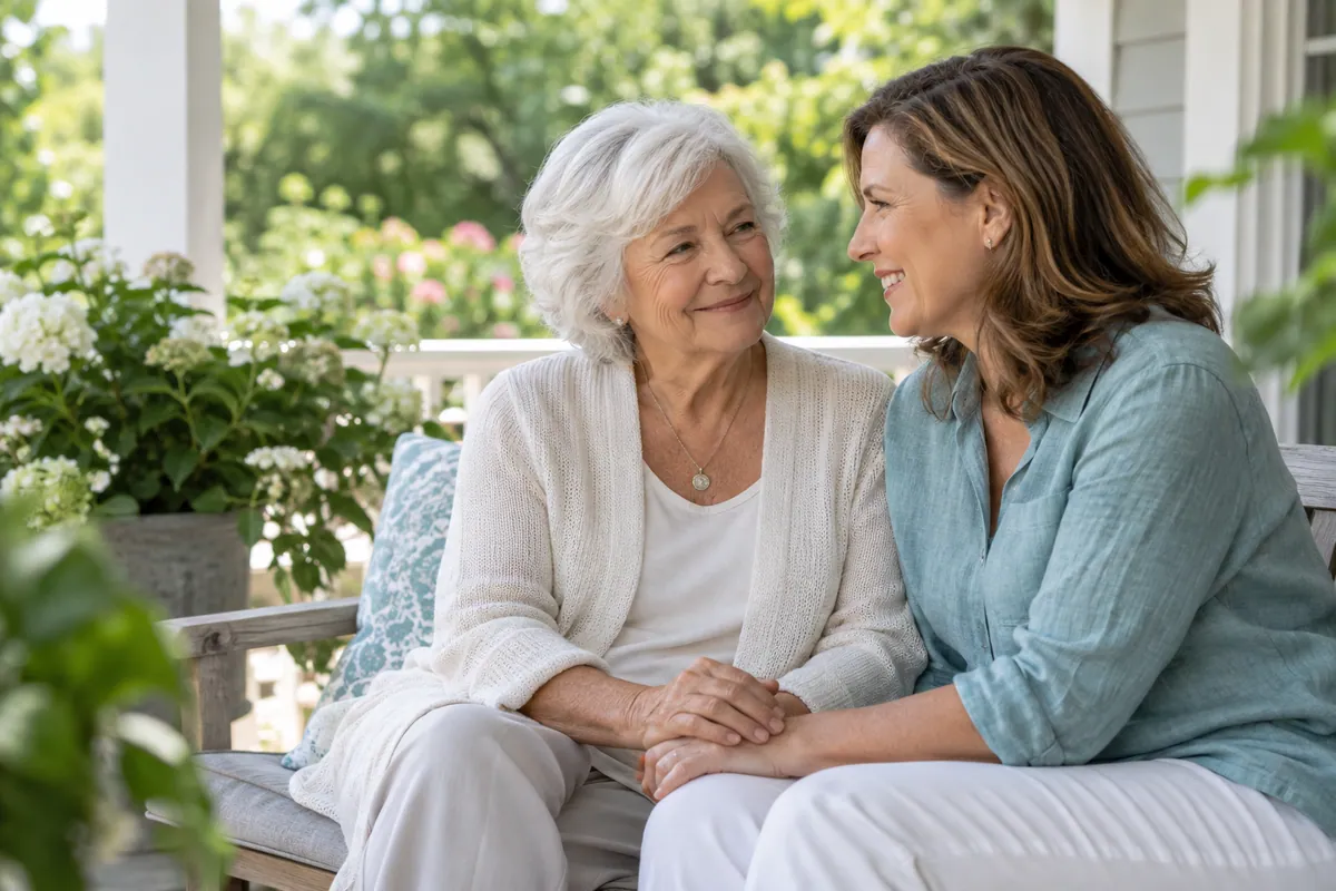 Illustration of an older woman and an adult family member sharing a moment outdoors